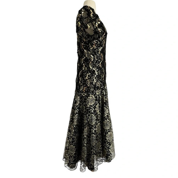 Vintage 80s Sequin Evening Dress Black Gold Floral Lace Size Small Formal - Picture 2 of 14